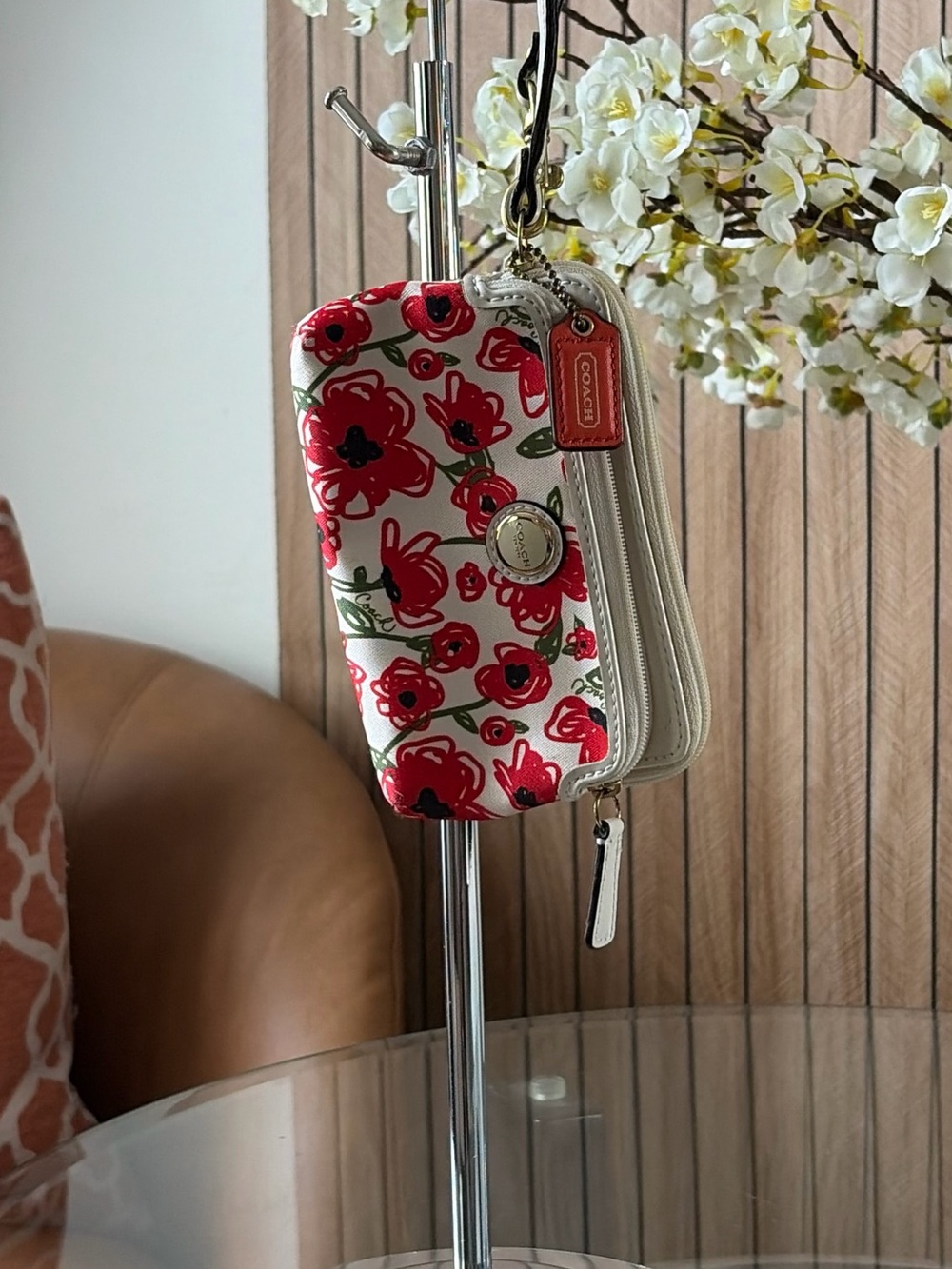 Vintage Coach Poppy White Wristlet with Red Floral Print